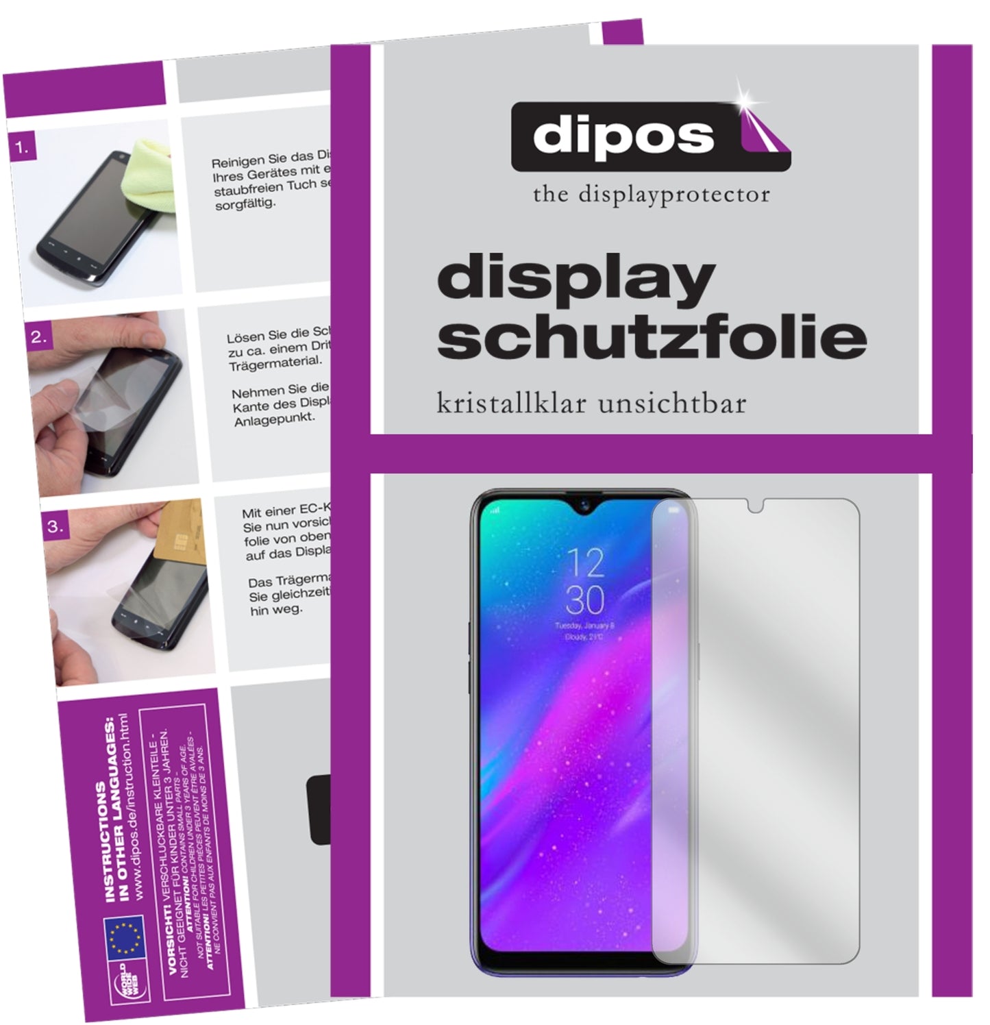 Klare Displayschutzfolie von dipos passend für Oppo Realme 3 Pro, präziser Zuschnitt und blasenfrei montiert