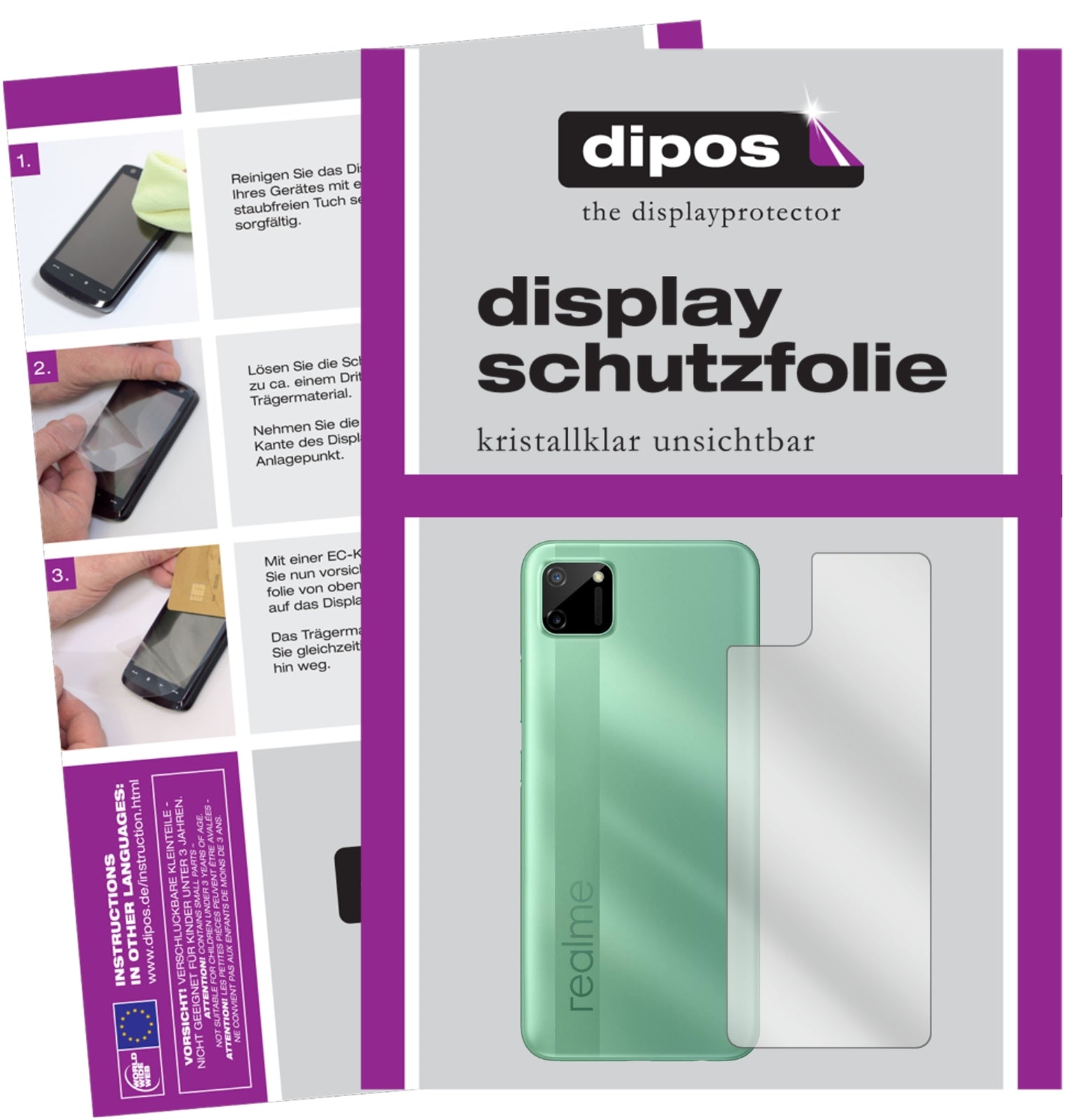 Klare Displayschutzfolie von dipos passend für Oppo Realme C11 Rückseite, präziser Zuschnitt und blasenfrei montiert