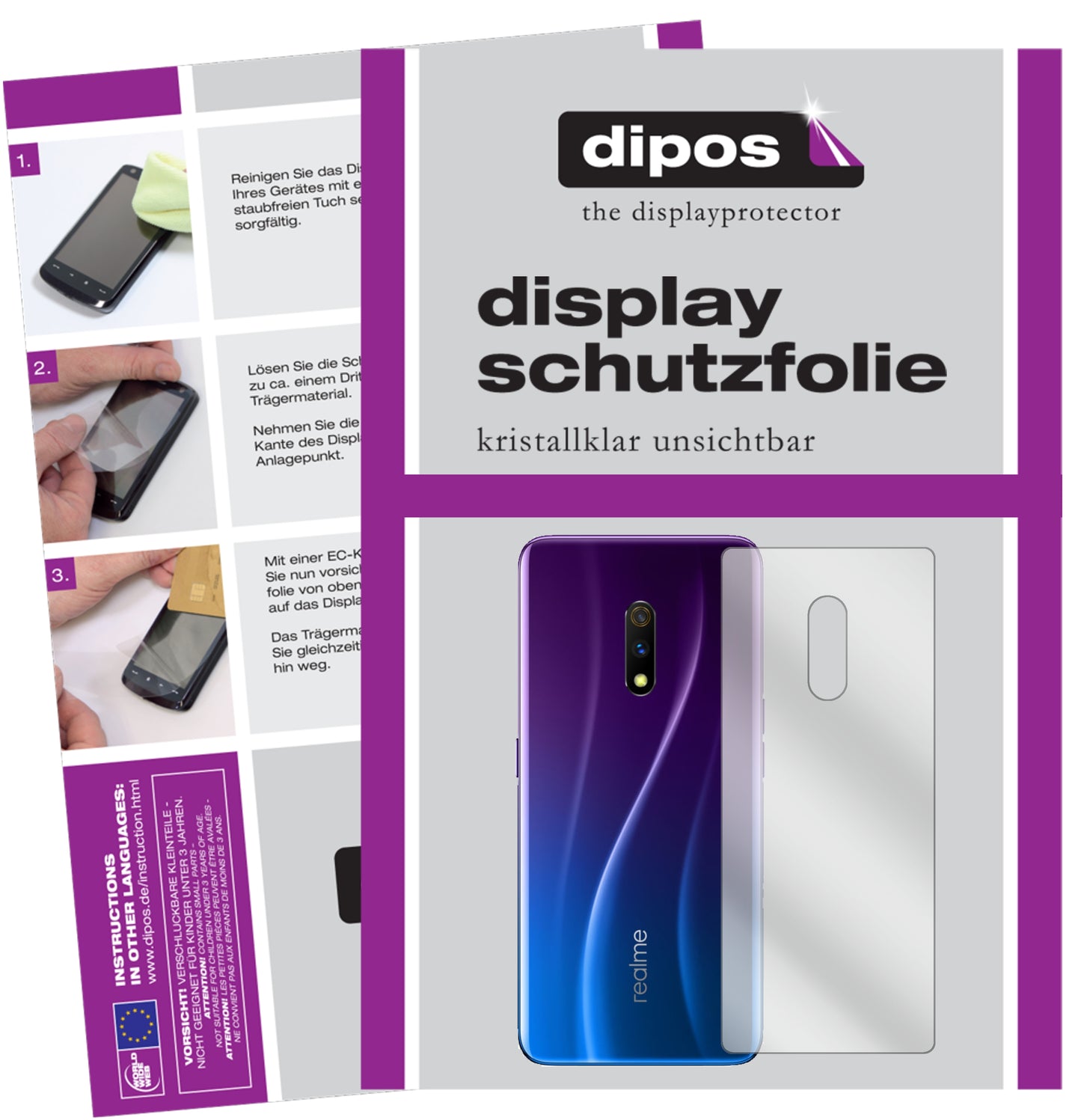 Klare Displayschutzfolie von dipos passend für Oppo Realme X Rückseite, präziser Zuschnitt und blasenfrei montiert