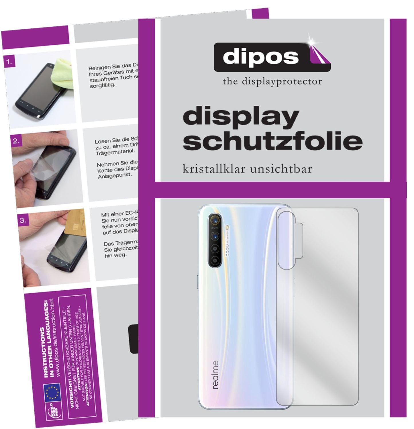 Klare Displayschutzfolie von dipos passend für Oppo Realme X2 Rückseite, präziser Zuschnitt und blasenfrei montiert