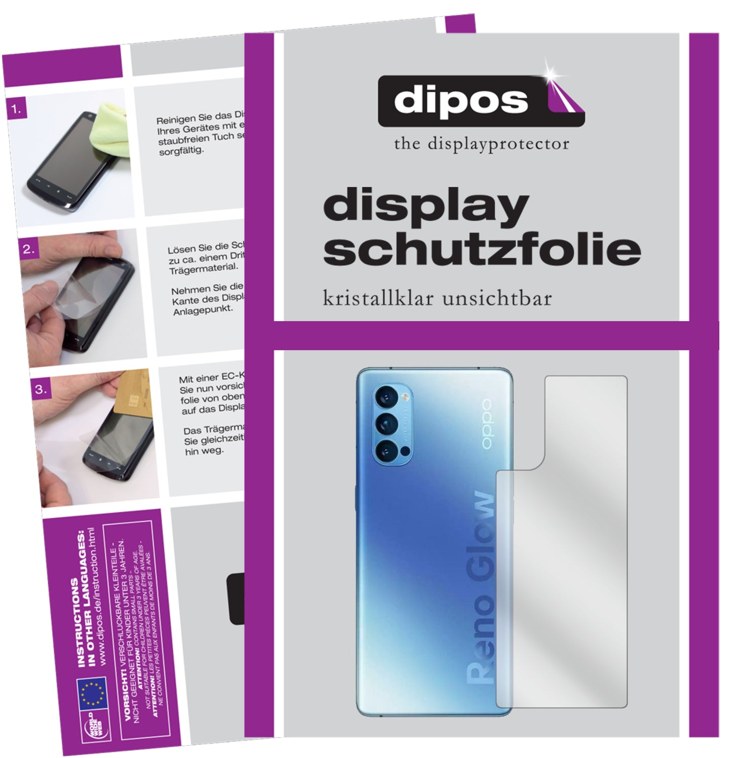 Klare Displayschutzfolie von dipos passend für Oppo Reno 4 Pro Rückseite, präziser Zuschnitt und blasenfrei montiert