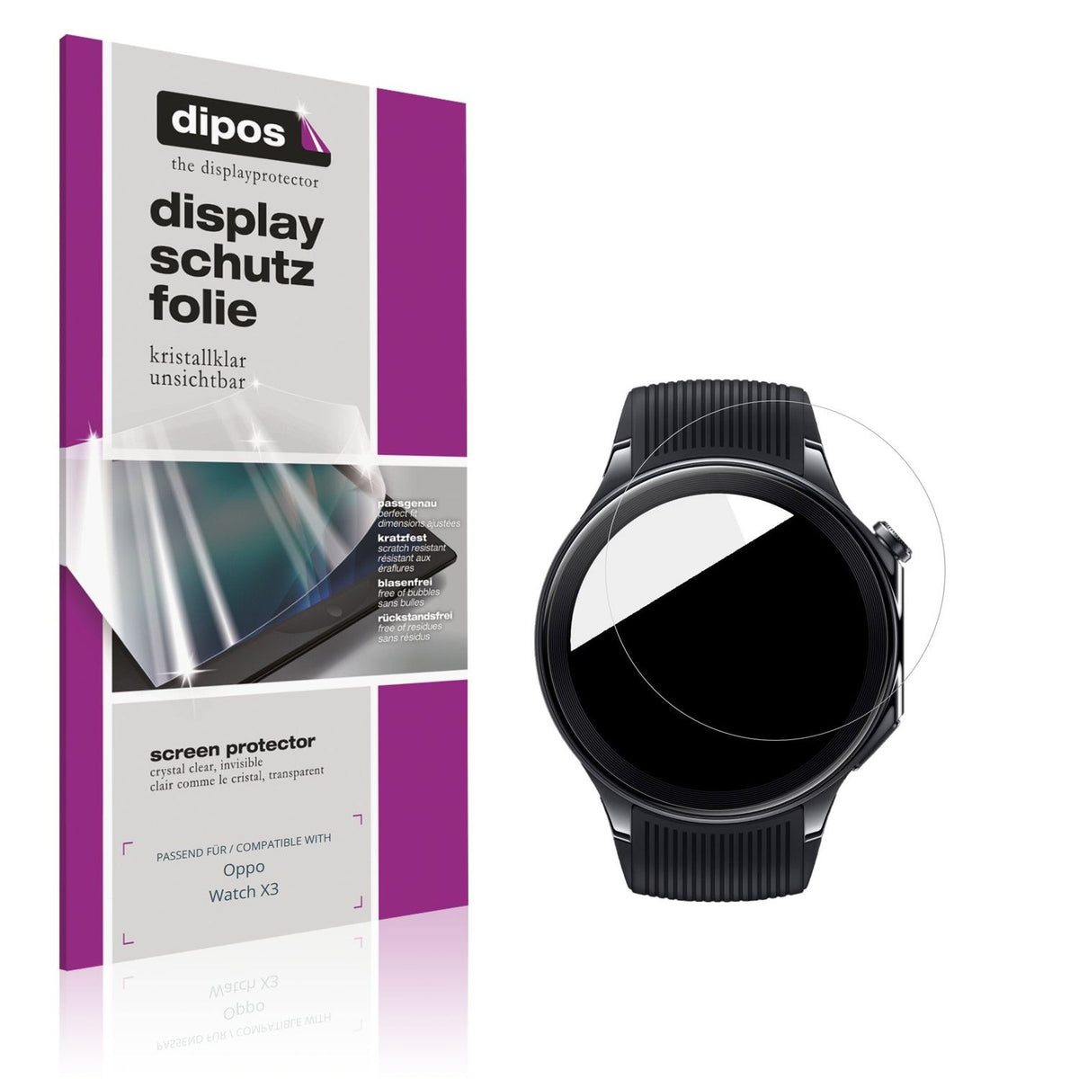 Klare Displayschutzfolie von dipos passend für Oppo Watch X3, präziser Zuschnitt und blasenfrei montiert