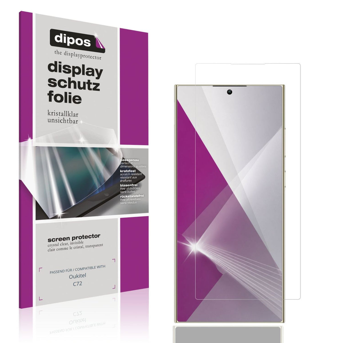Klare Displayschutzfolie von dipos passend für Oukitel C72, präziser Zuschnitt und blasenfrei montiert