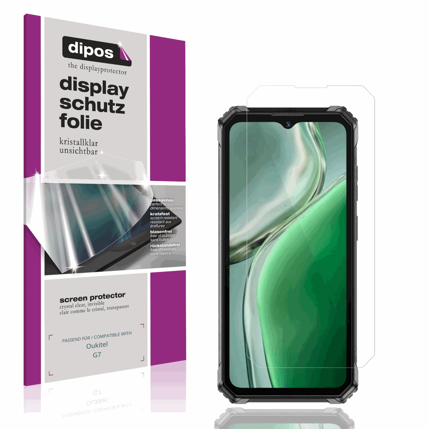 Klare Displayschutzfolie von dipos passend für Oukitel G7, präziser Zuschnitt und blasenfrei montiert