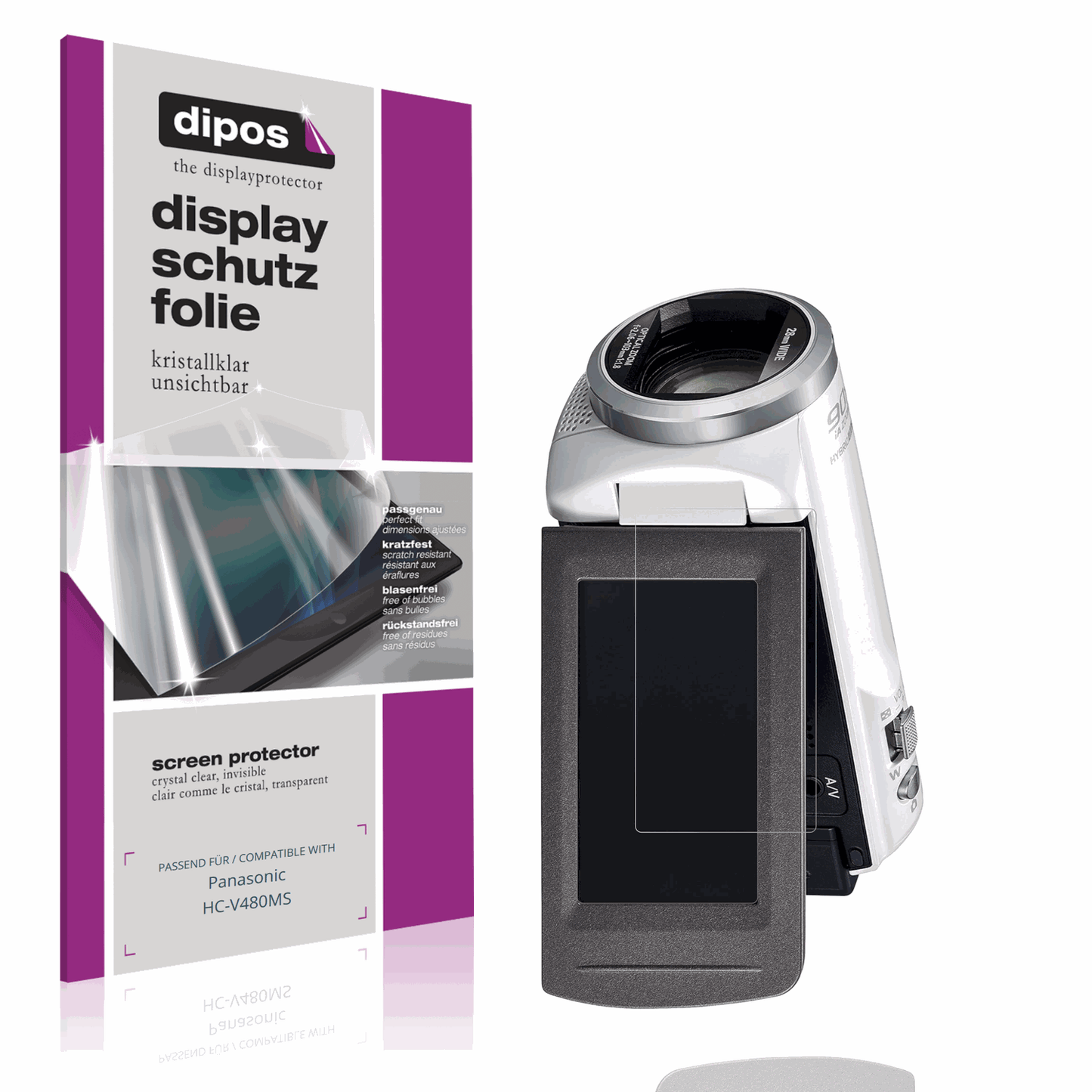 Klare Displayschutzfolie von dipos passend für Panasonic HC-V480MS, präziser Zuschnitt und blasenfrei montiert