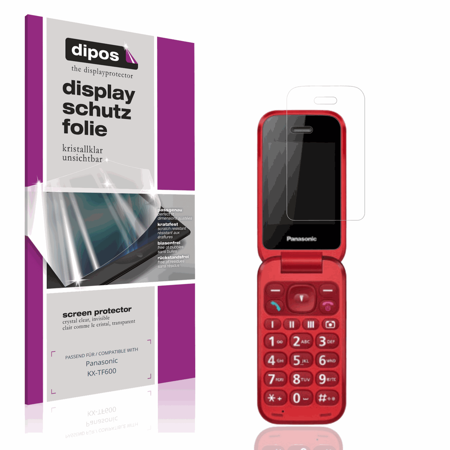 Klare Displayschutzfolie von dipos passend für Panasonic KX-TF600, präziser Zuschnitt und blasenfrei montiert