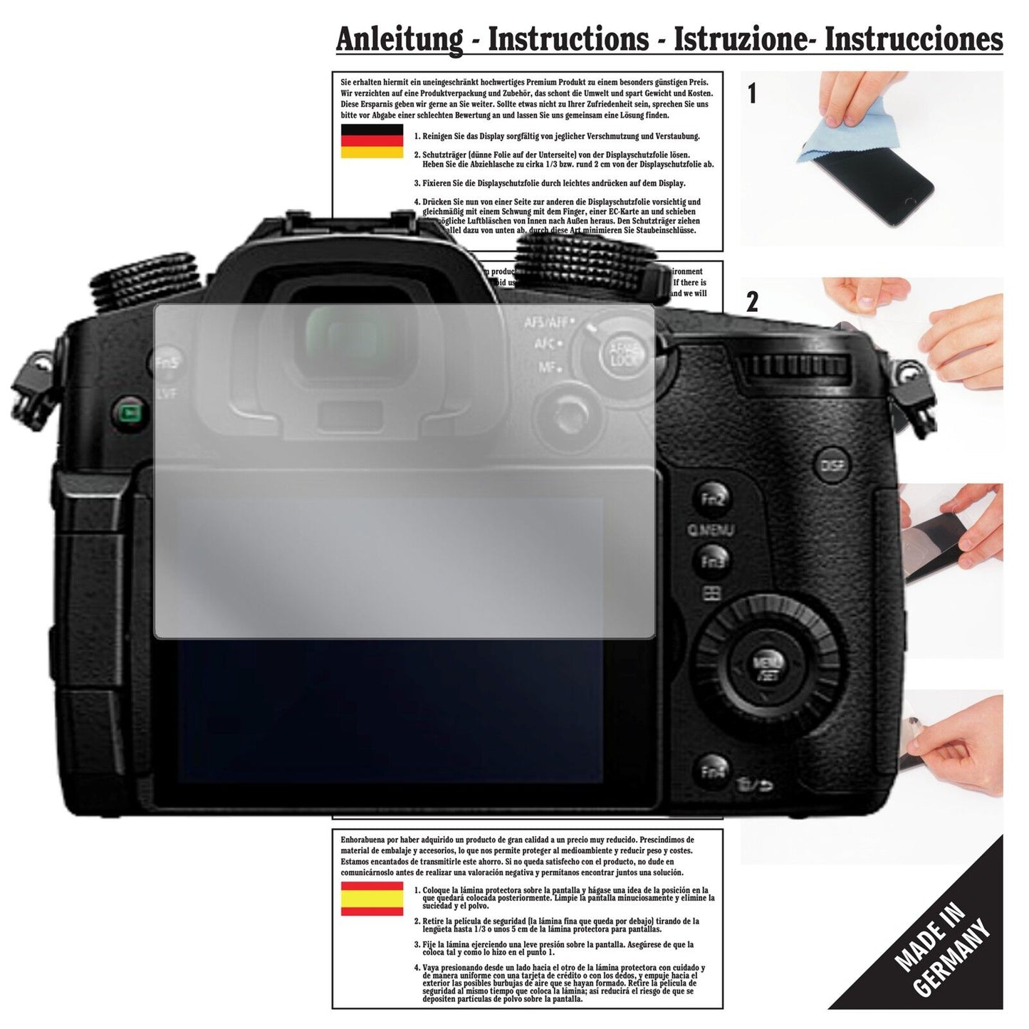 Klare Displayschutzfolie von dipos passend für Panasonic Lumix DMC-GH5, präziser Zuschnitt und blasenfrei montiert