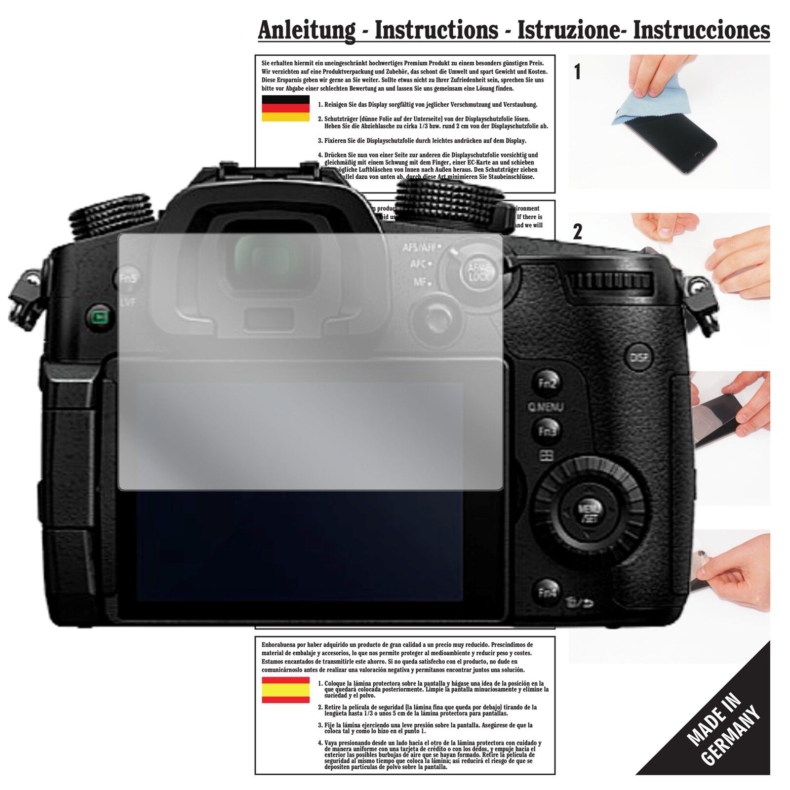 Klare Displayschutzfolie von dipos passend für Panasonic Lumix DMC-GH5, präziser Zuschnitt und blasenfrei montiert