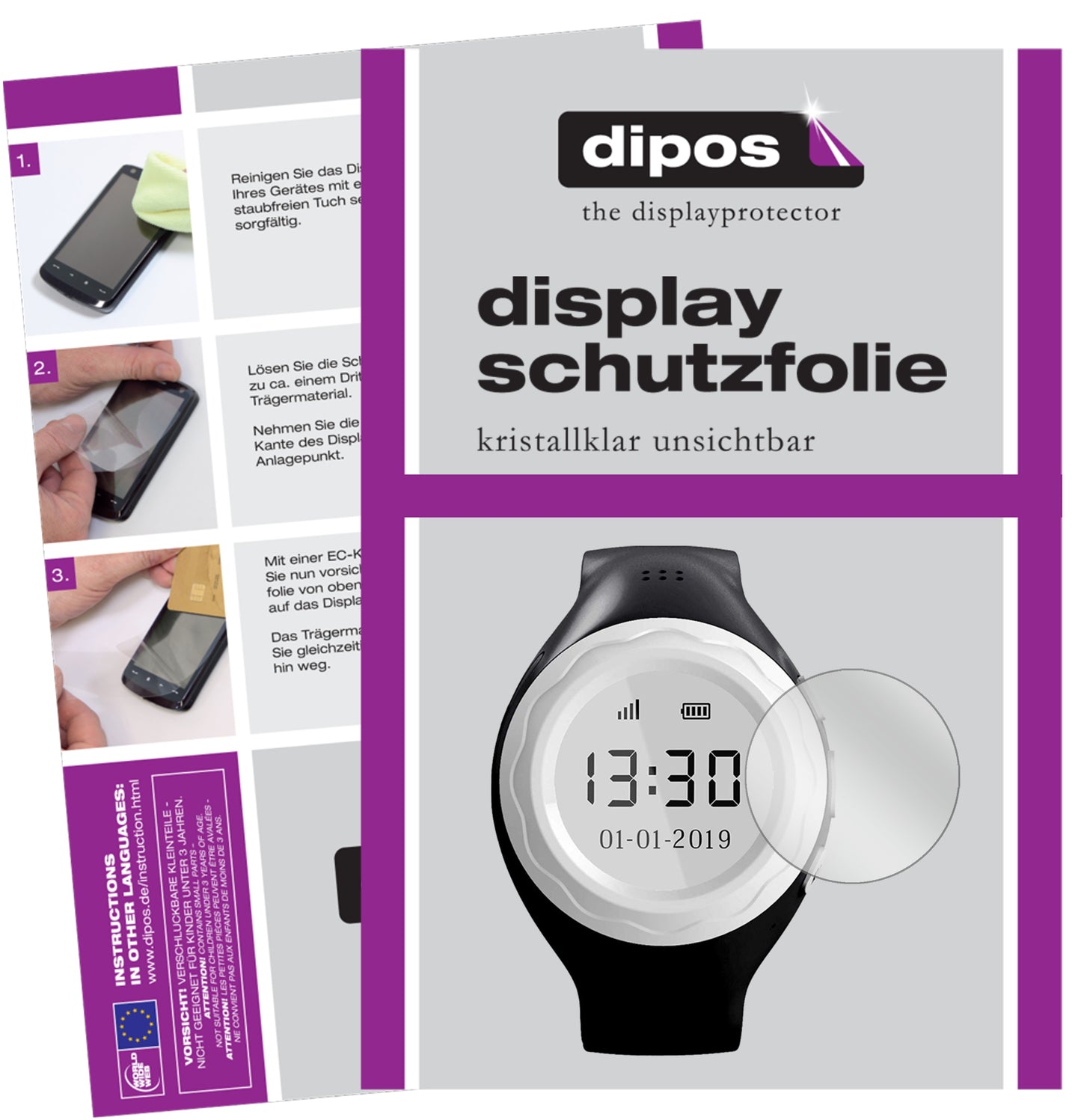 Klare Displayschutzfolie von dipos passend für Pingonaut Kidswatch 2019, präziser Zuschnitt und blasenfrei montiert