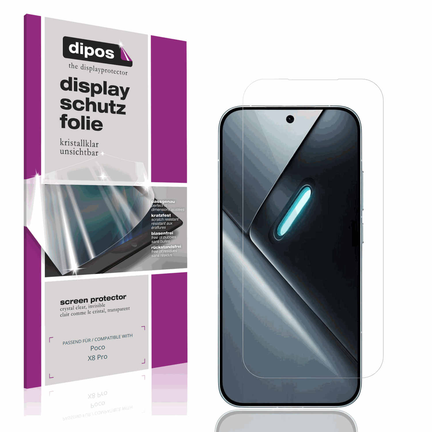 Klare Displayschutzfolie von dipos passend für Poco X8 Pro, präziser Zuschnitt und blasenfrei montiert