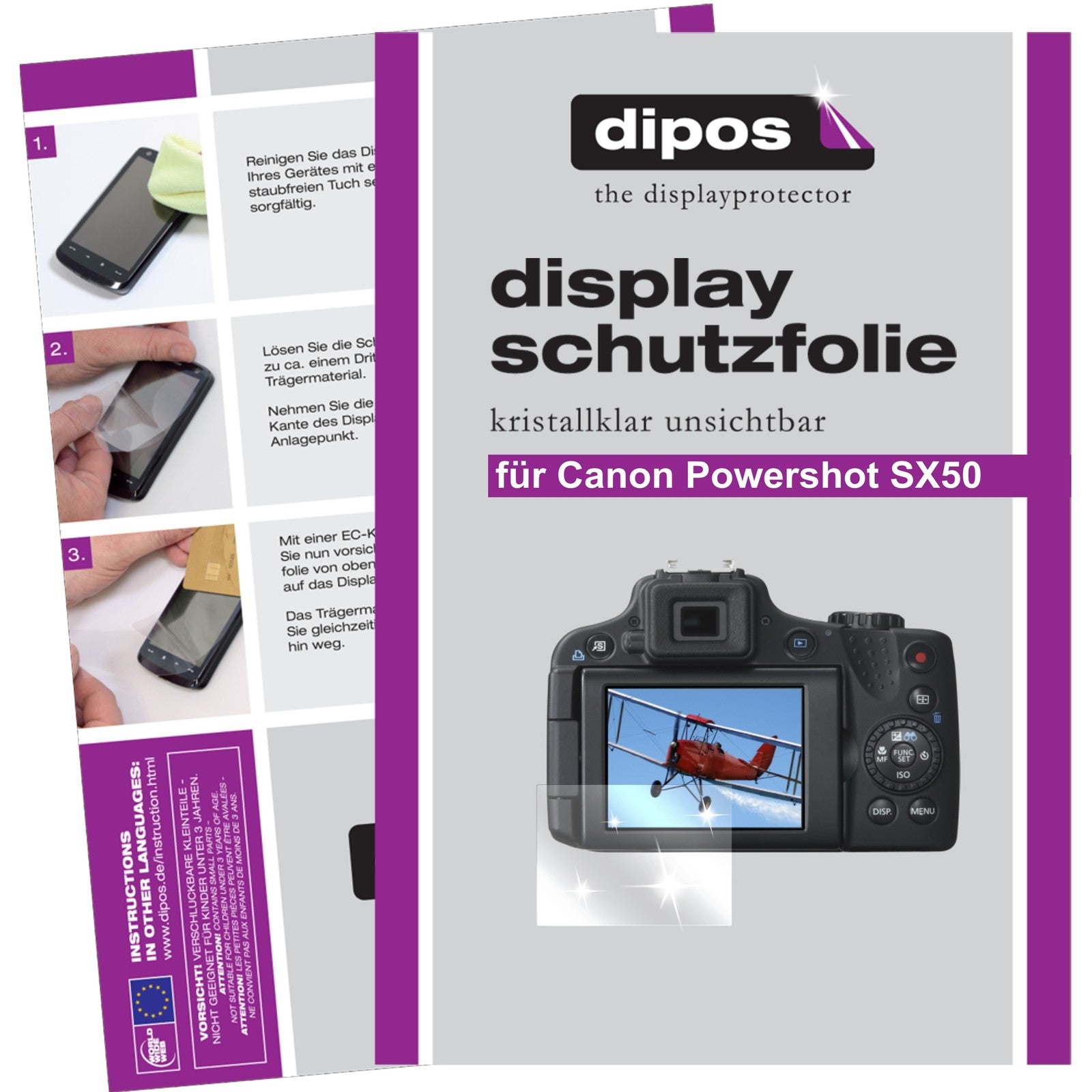Klare Displayschutzfolie von dipos passend für Powershot SX 50 Canon, präziser Zuschnitt und blasenfrei montiert