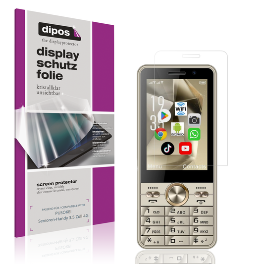 Klare Displayschutzfolie von dipos passend für PUSOKEI Senioren-Handy 3.5 Zoll 4G, präziser Zuschnitt und blasenfrei montiert
