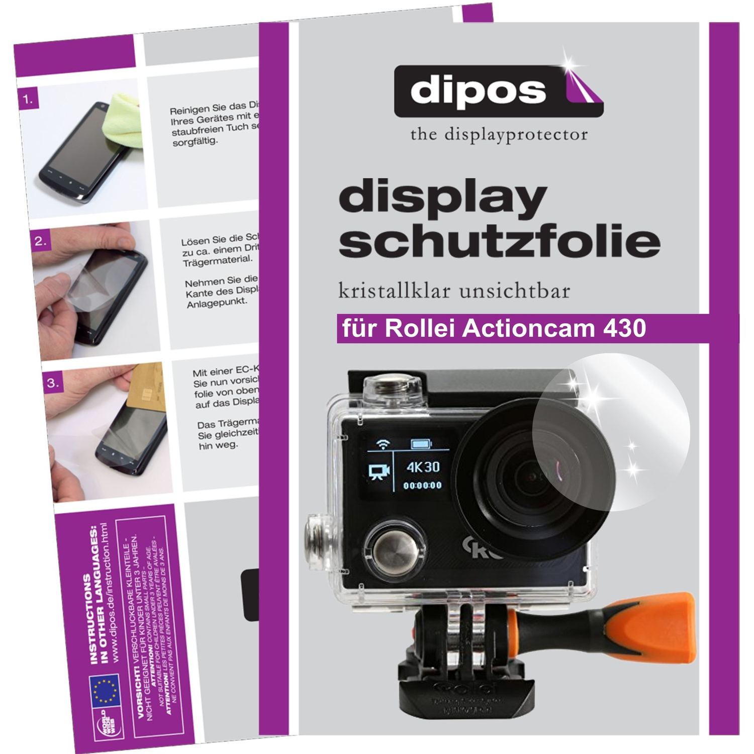 Klare Displayschutzfolie von dipos passend für Rollei Actioncam 430, präziser Zuschnitt und blasenfrei montiert