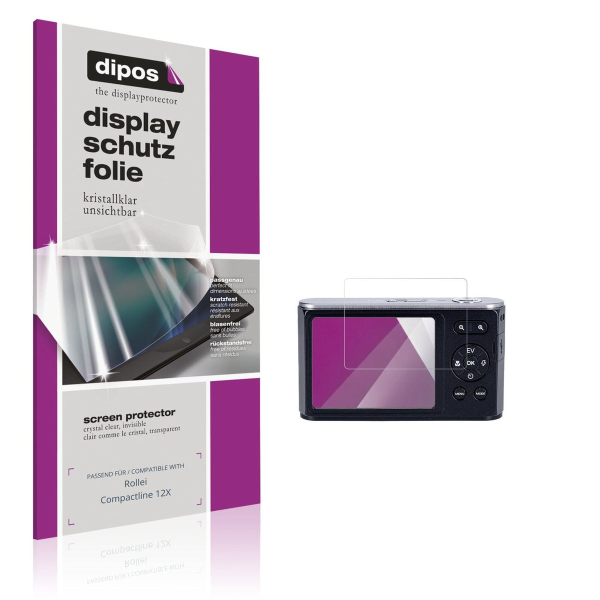 Klare Displayschutzfolie von dipos passend für Rollei Compactline 12X, präziser Zuschnitt und blasenfrei montiert