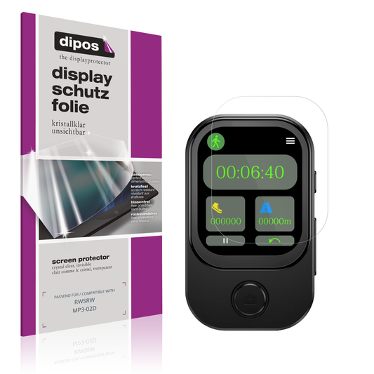 Klare Displayschutzfolie von dipos passend für RWSRW MP3-02D, präziser Zuschnitt und blasenfrei montiert