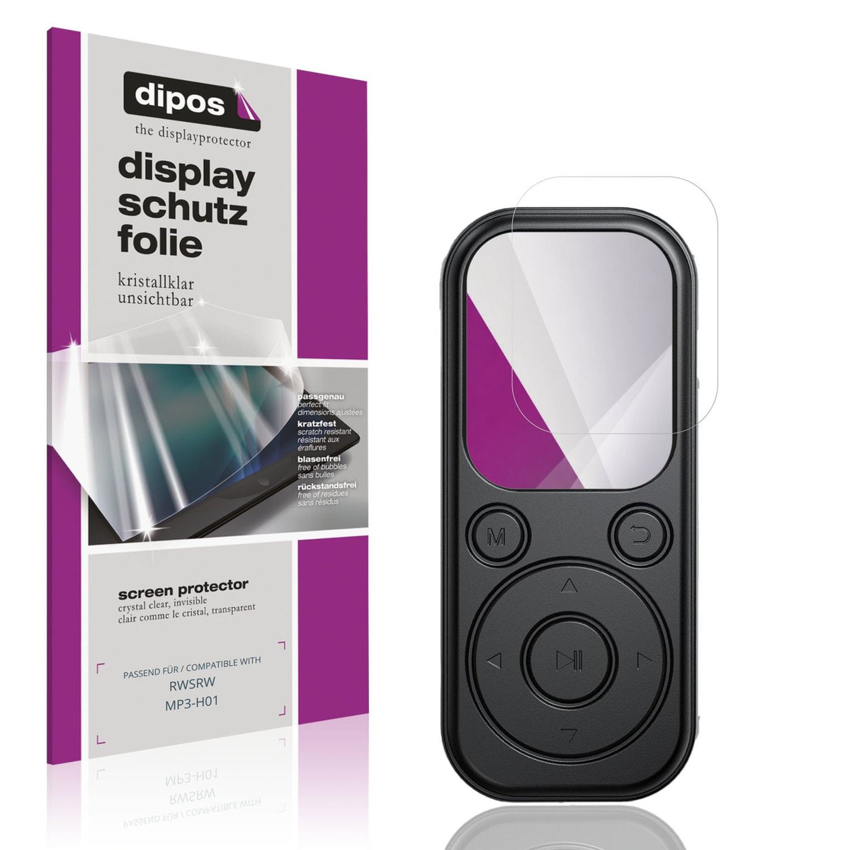 Klare Displayschutzfolie von dipos passend für RWSRW MP3-H01, präziser Zuschnitt und blasenfrei montiert