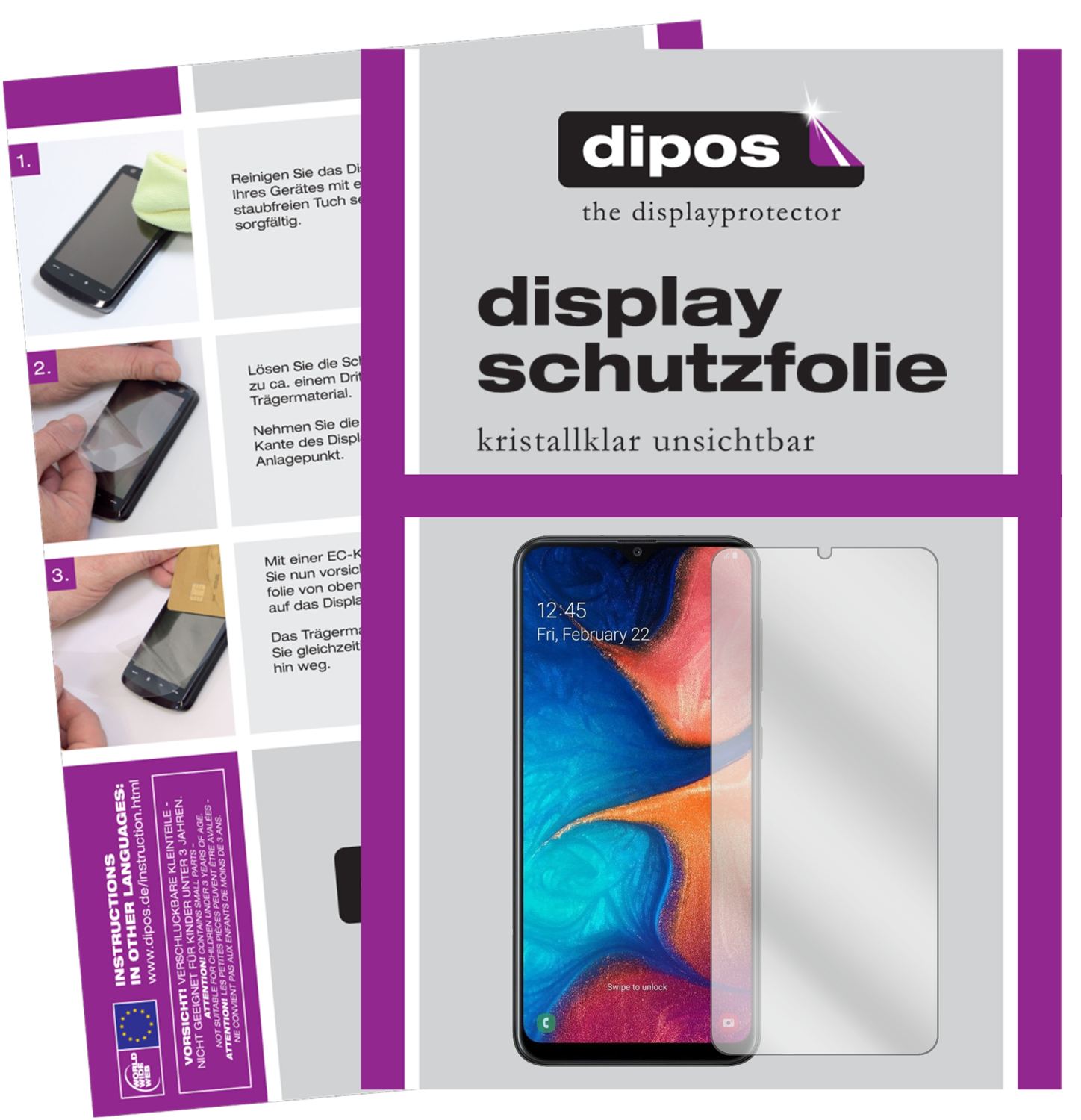 Klare Displayschutzfolie von dipos passend für Samsung Galaxy A20, präziser Zuschnitt und blasenfrei montiert