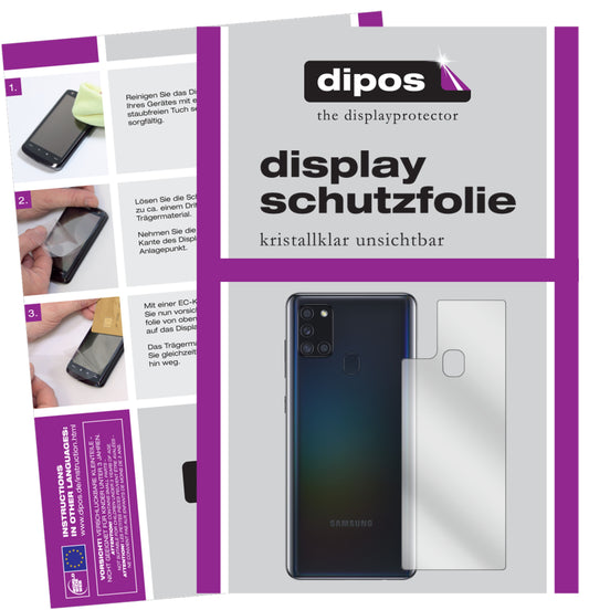 Klare Displayschutzfolie von dipos passend für Samsung Galaxy A21s Rückseite, präziser Zuschnitt und blasenfrei montiert