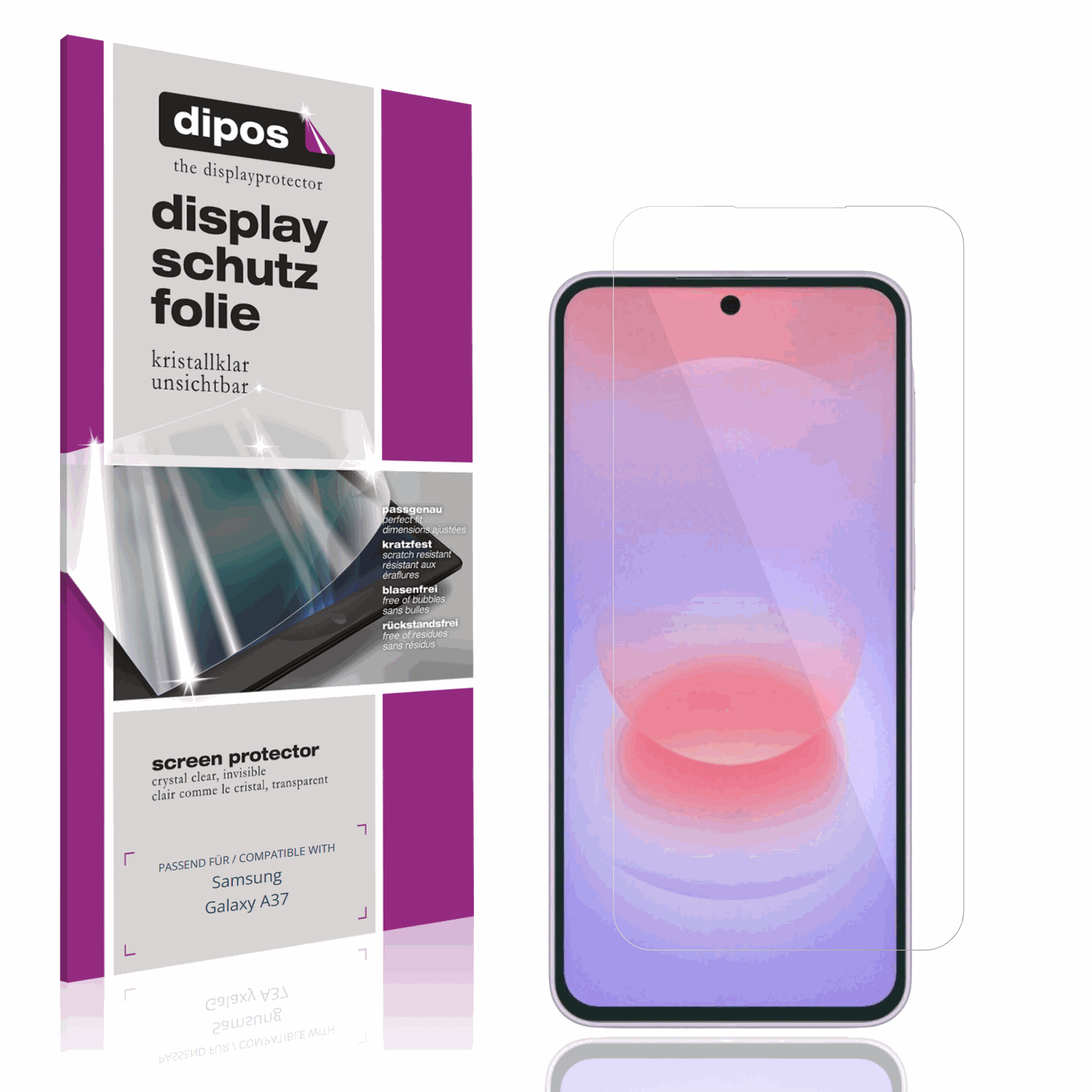 Klare Displayschutzfolie von dipos passend für Samsung Galaxy A37, präziser Zuschnitt und blasenfrei montiert