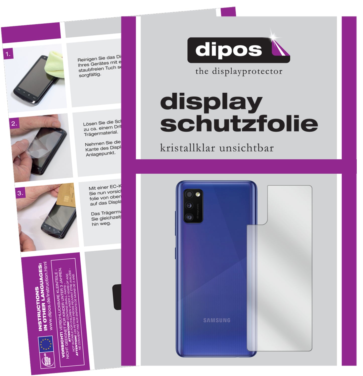 Klare Displayschutzfolie von dipos passend für Samsung Galaxy A41 Rückseite, präziser Zuschnitt und blasenfrei montiert