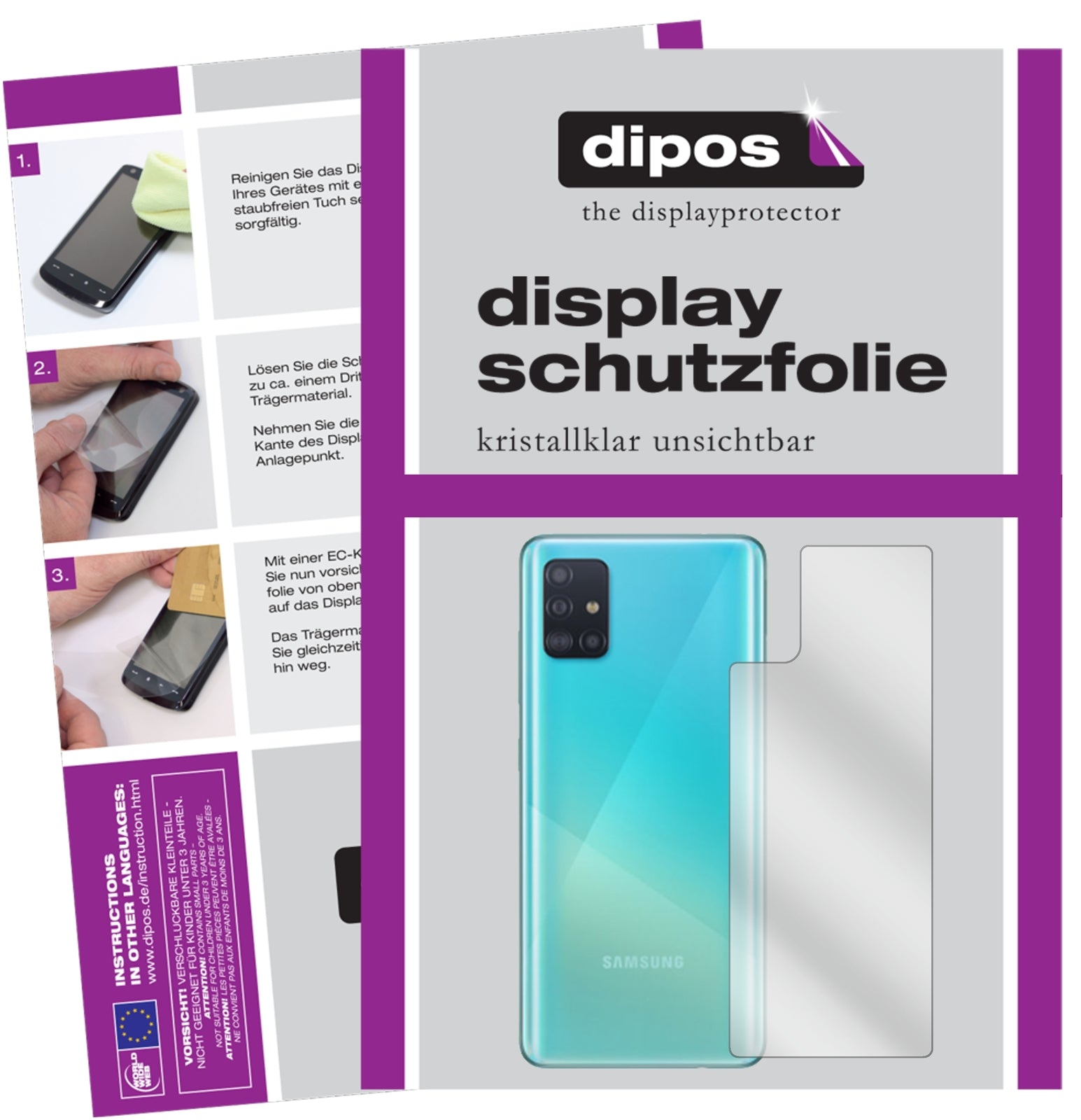 Klare Displayschutzfolie von dipos passend für Samsung Galaxy A51 5G Rückseite, präziser Zuschnitt und blasenfrei montiert