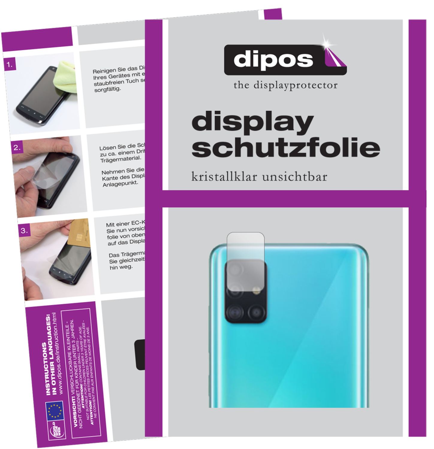 Klare Displayschutzfolie von dipos passend für Samsung Galaxy A71 Kameralinse, präziser Zuschnitt und blasenfrei montiert