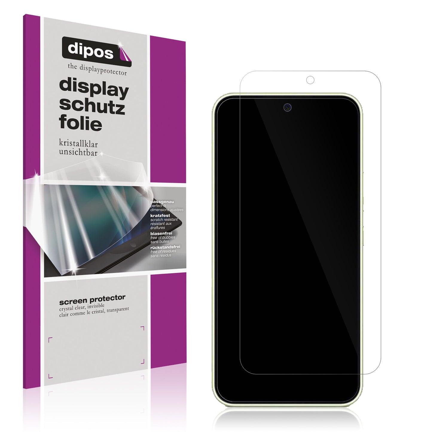 Klare Displayschutzfolie von dipos passend für Samsung Galaxy A54, präziser Zuschnitt und blasenfrei montiert