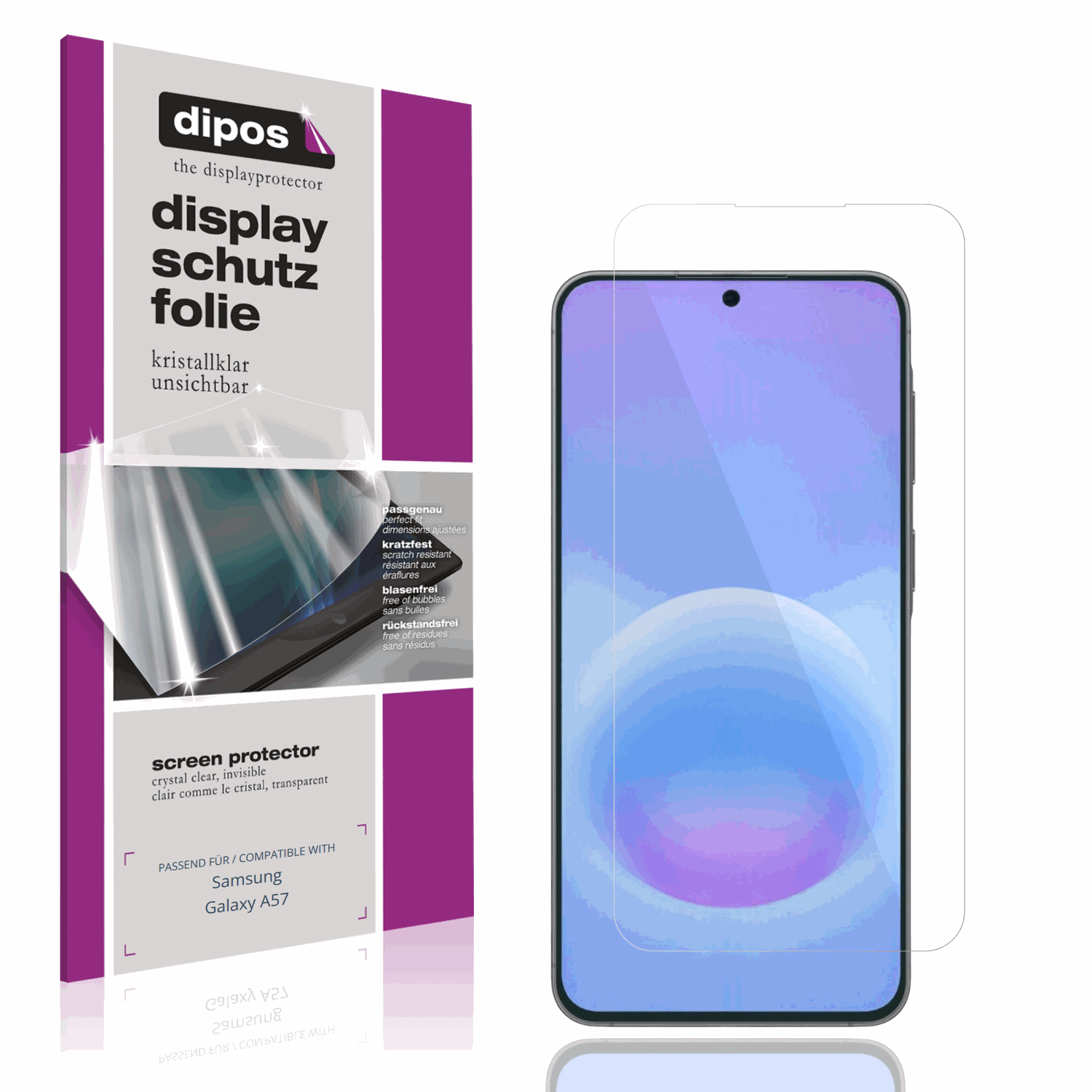 Klare Displayschutzfolie von dipos passend für Samsung Galaxy A57, präziser Zuschnitt und blasenfrei montiert