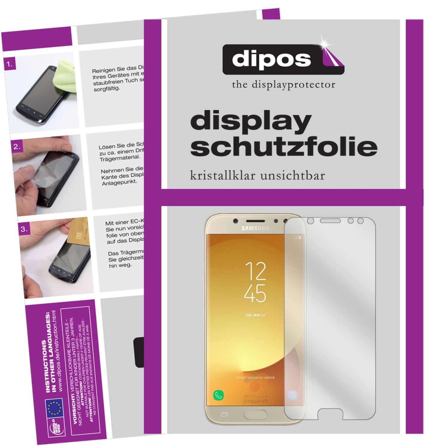 Klare Displayschutzfolie von dipos passend für Samsung Galaxy J5 Pro (2017), präziser Zuschnitt und blasenfrei montiert