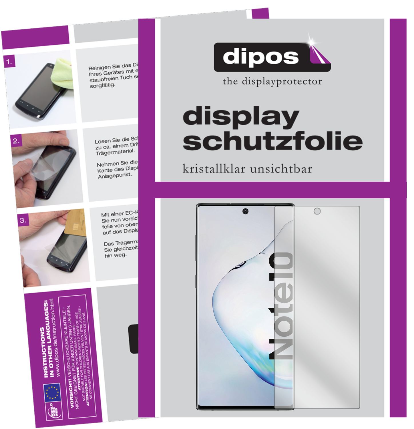 Klare Displayschutzfolie von dipos passend für Samsung Galaxy Note 10 5G, präziser Zuschnitt und blasenfrei montiert