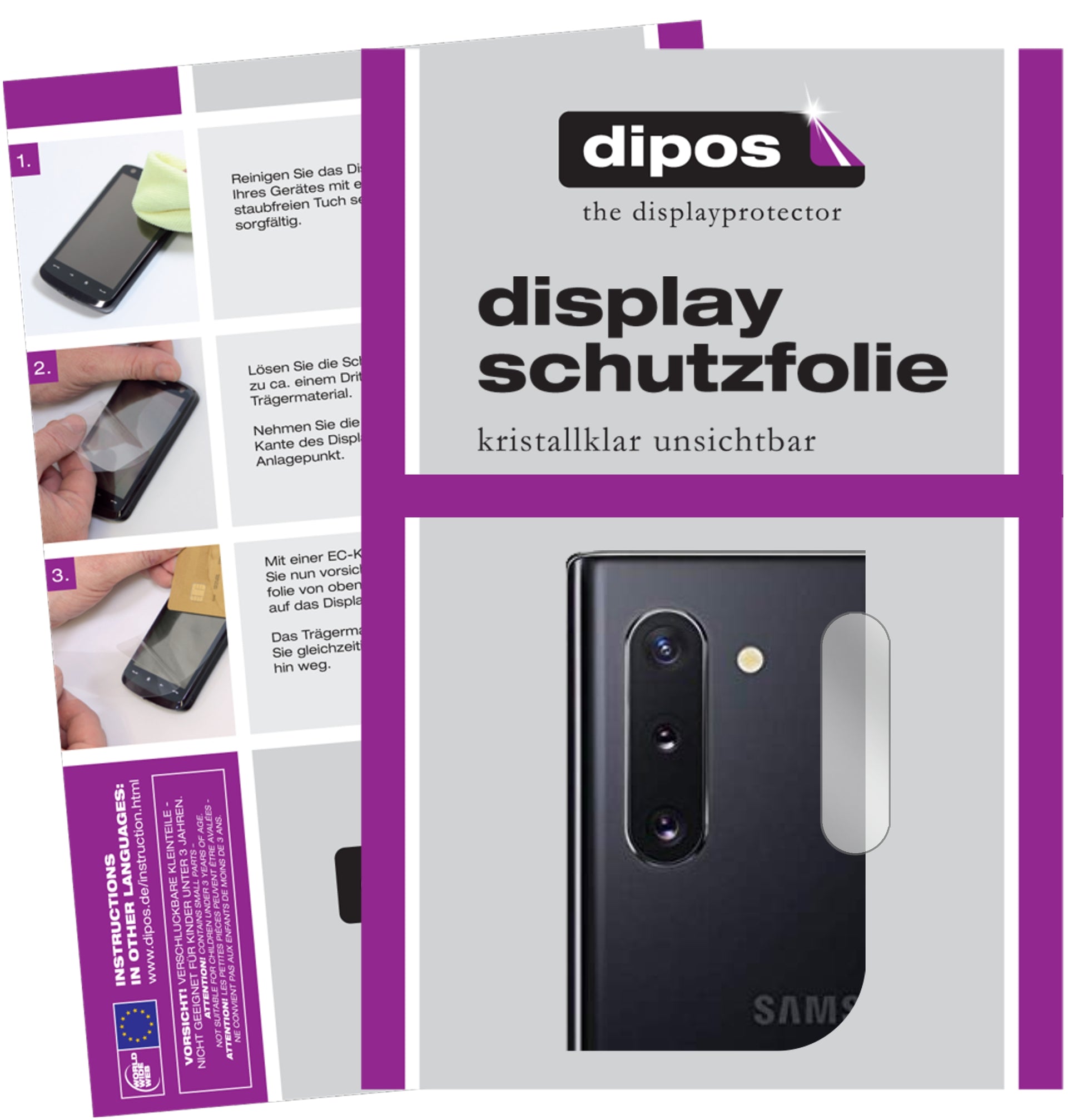 Klare Displayschutzfolie von dipos passend für Samsung Galaxy Note 10 Kameralinse, präziser Zuschnitt und blasenfrei montiert