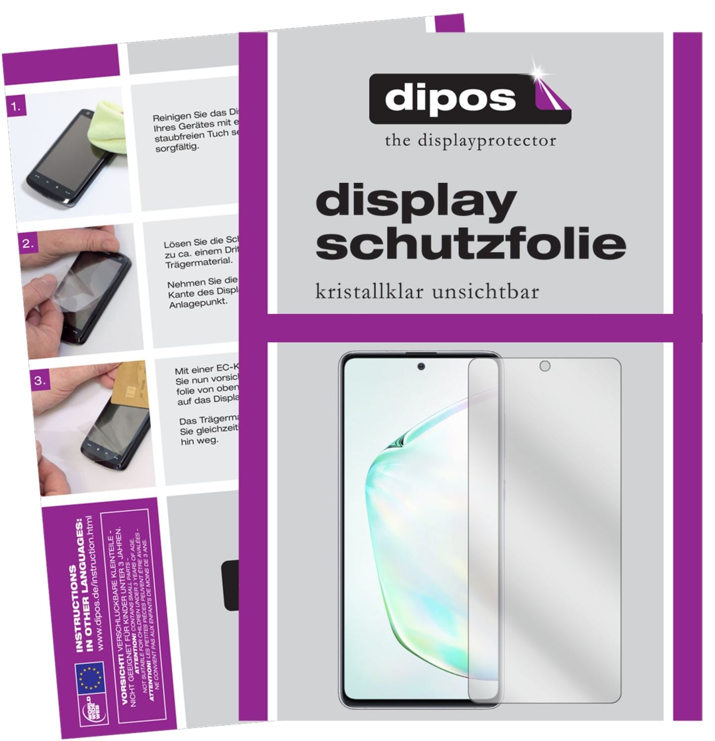 Klare Displayschutzfolie von dipos passend für Samsung Galaxy Note 10 Lite, präziser Zuschnitt und blasenfrei montiert