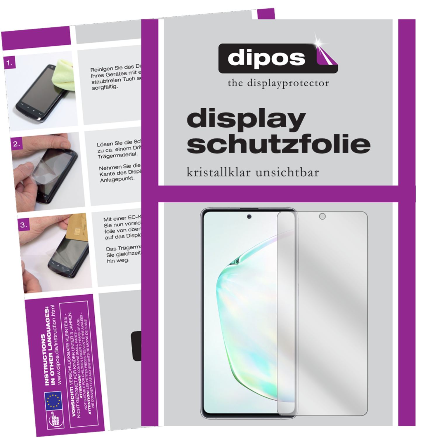 Klare Displayschutzfolie von dipos passend für Samsung Galaxy Note 10 Lite, präziser Zuschnitt und blasenfrei montiert