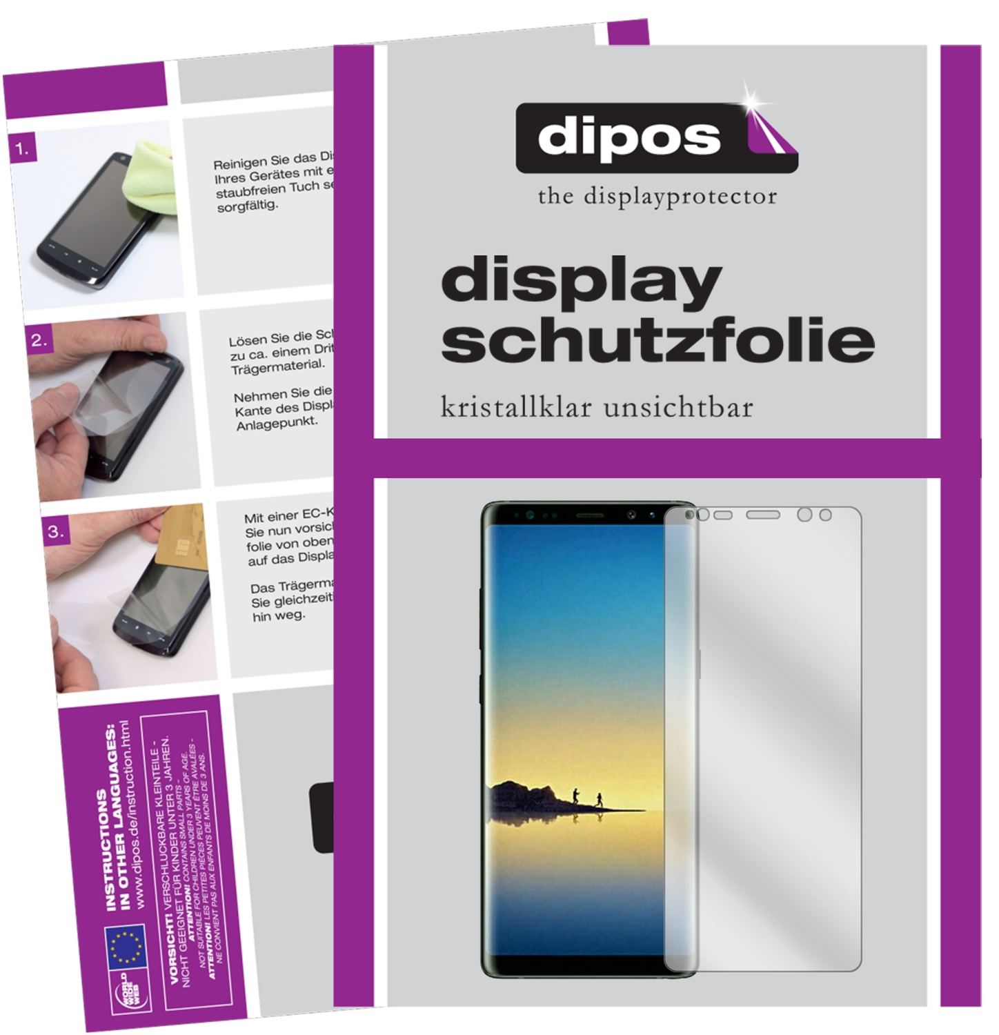 Klare Displayschutzfolie von dipos passend für Samsung Galaxy Note 8, präziser Zuschnitt und blasenfrei montiert