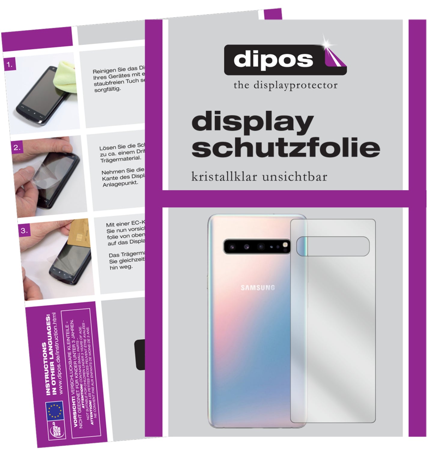 Klare Displayschutzfolie von dipos passend für Samsung Galaxy S10 5G Rückseite, präziser Zuschnitt und blasenfrei montiert