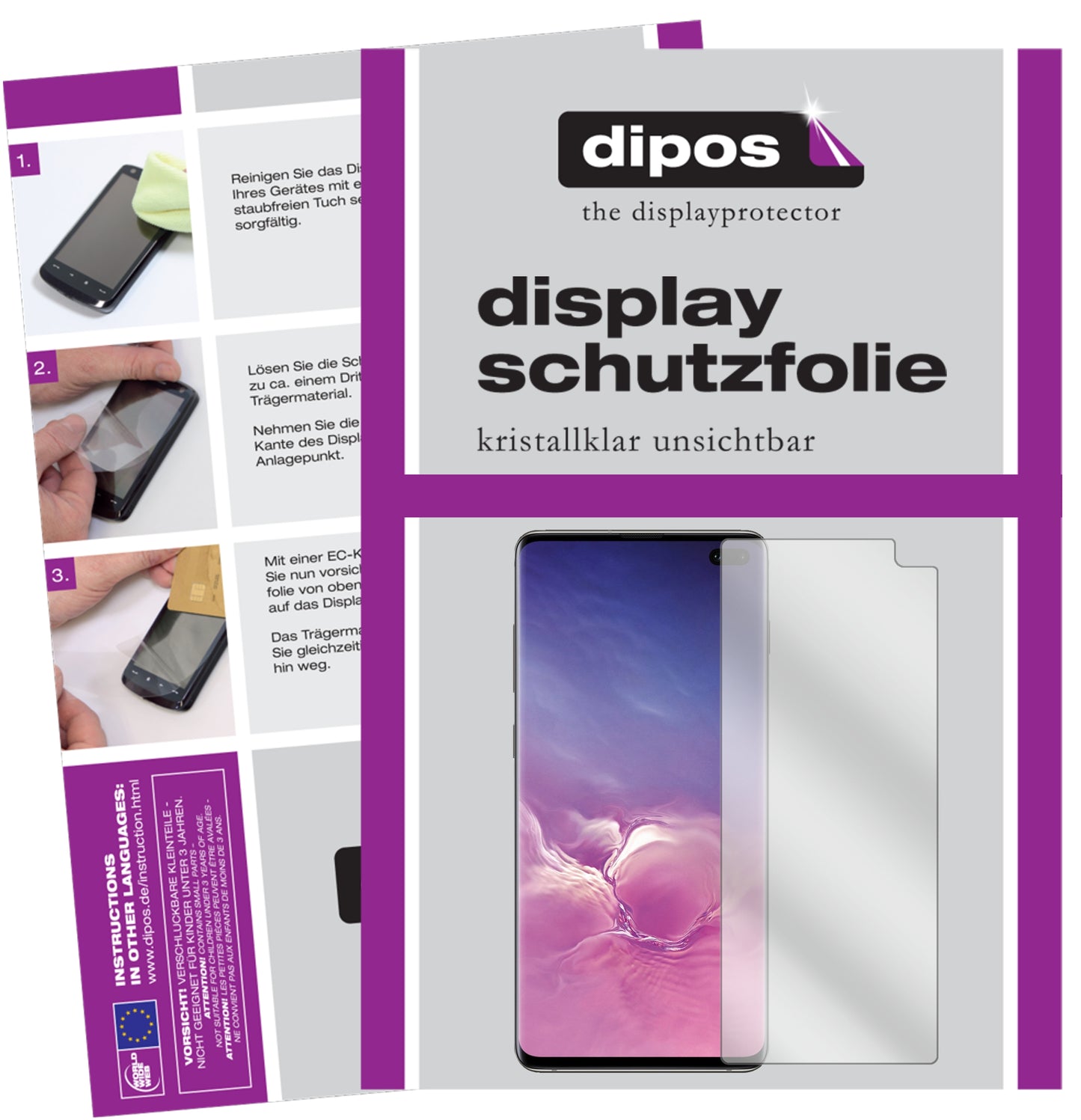 Klare Displayschutzfolie von dipos passend für Samsung Galaxy S10 Plus, präziser Zuschnitt und blasenfrei montiert