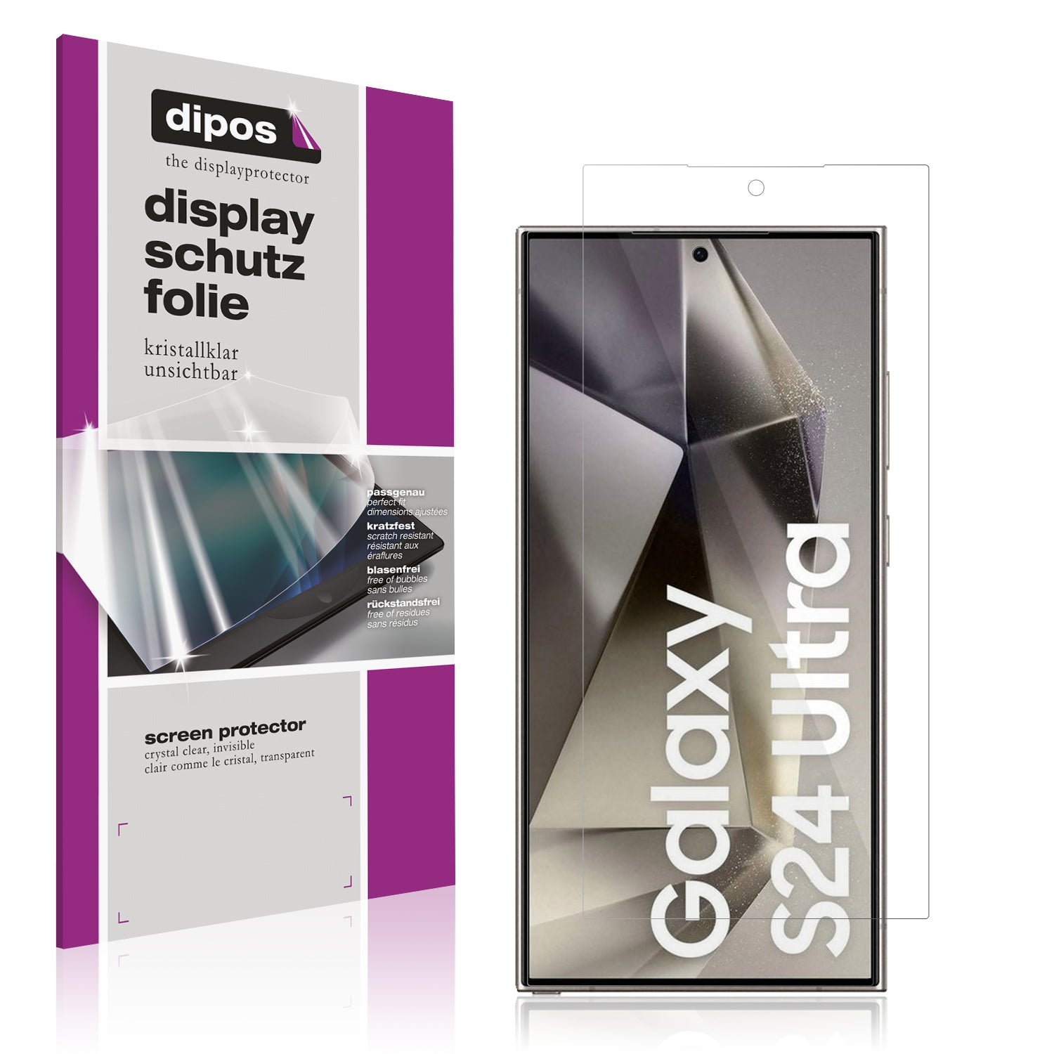 Klare Displayschutzfolie von dipos passend für Samsung Galaxy S24 Ultra, präziser Zuschnitt und blasenfrei montiert