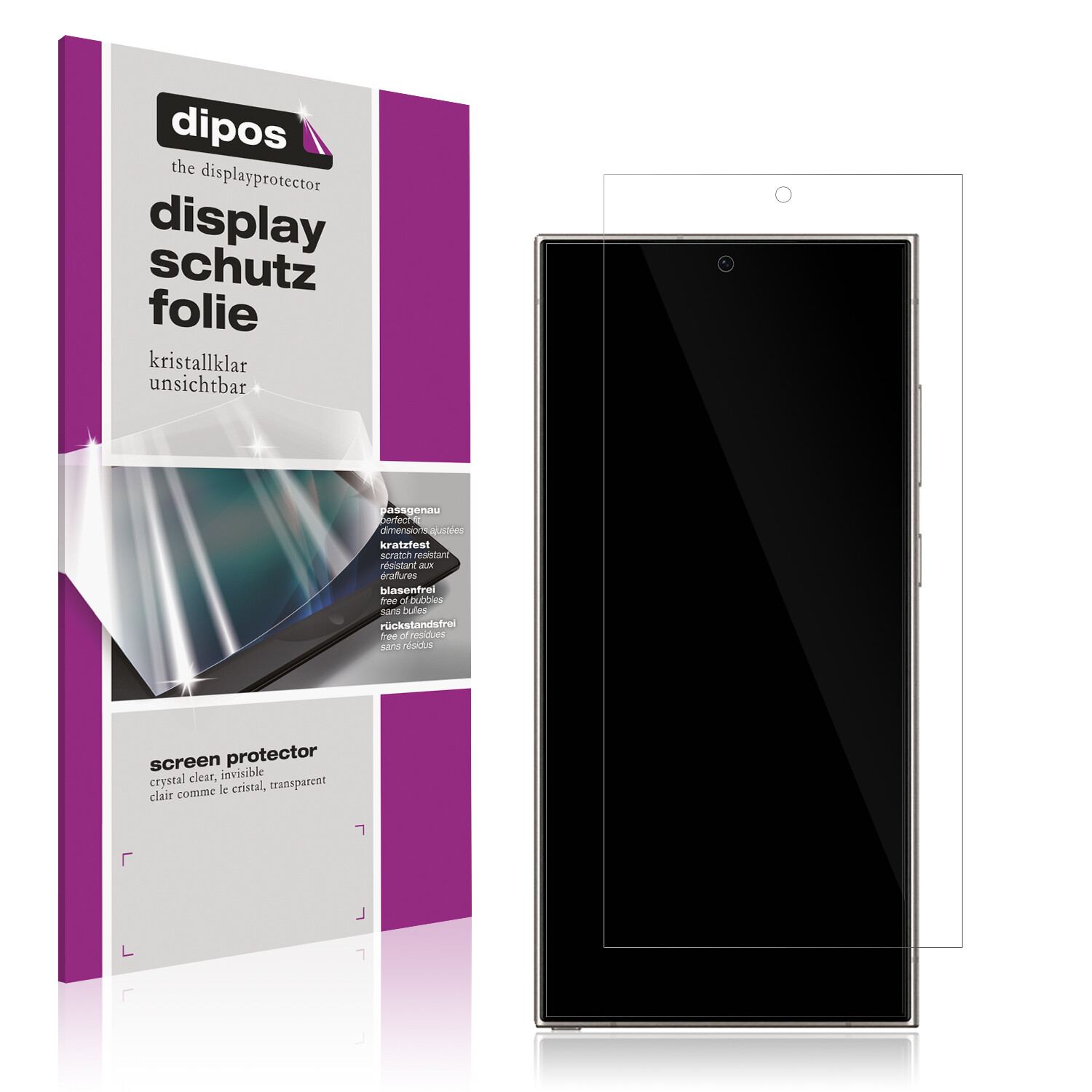 Klare Displayschutzfolie von dipos passend für Samsung Galaxy S24 Ultra (Case Friendly), präziser Zuschnitt und blasenfrei montiert