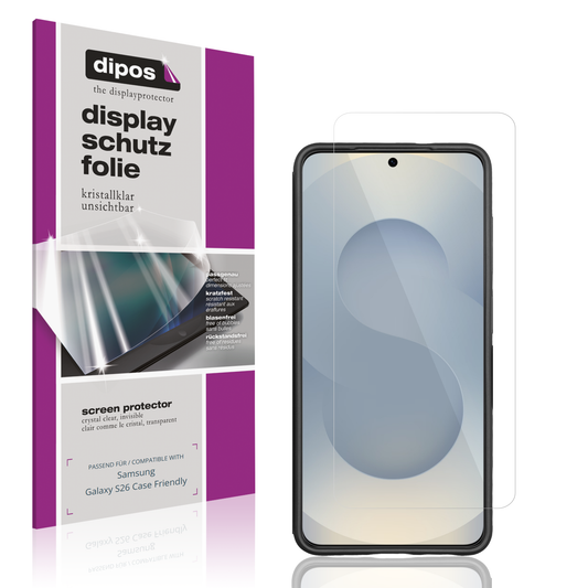 Klare Displayschutzfolie von dipos passend f�r Samsung Galaxy S26 Case Friendly, pr�ziser Zuschnitt und blasenfrei montiert