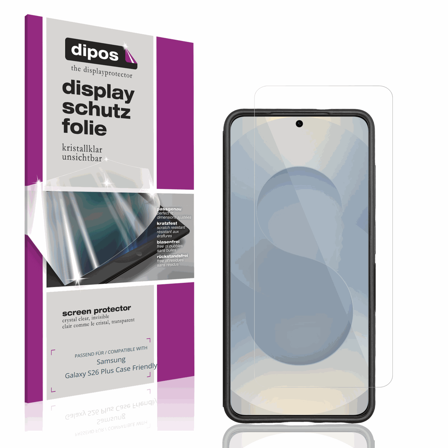Klare Displayschutzfolie von dipos passend für Samsung Galaxy S26 Plus Case Friendly, präziser Zuschnitt und blasenfrei montiert
