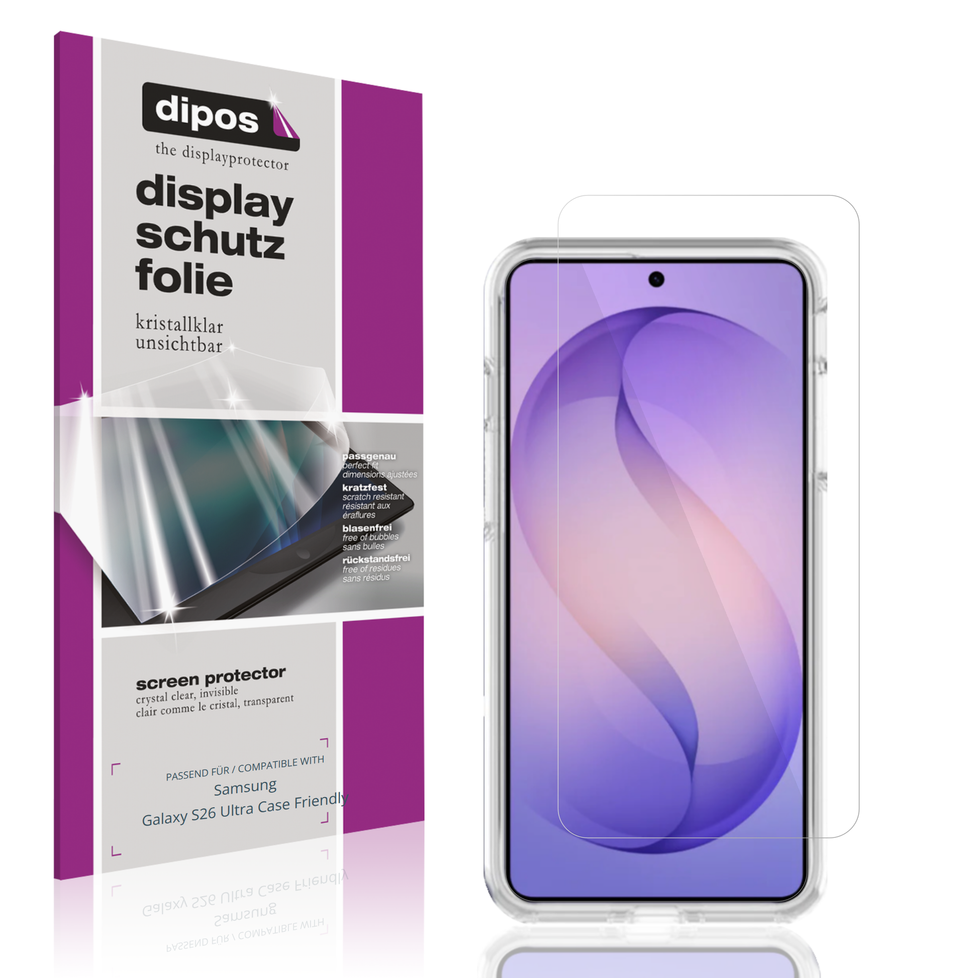 Klare Displayschutzfolie von dipos passend für Samsung Galaxy S26 Ultra Case Friendly, präziser Zuschnitt und blasenfrei montiert