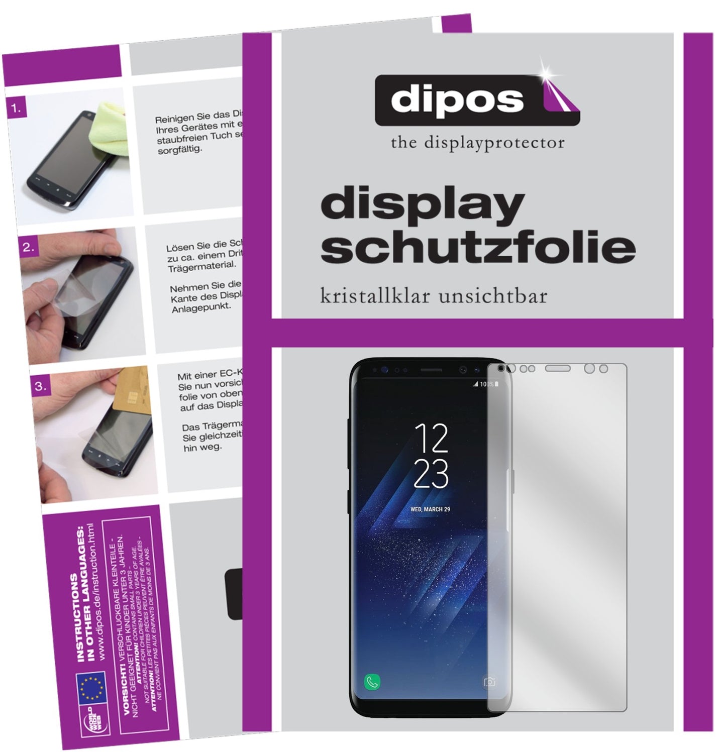 Klare Displayschutzfolie von dipos passend für Samsung Galaxy S8, präziser Zuschnitt und blasenfrei montiert