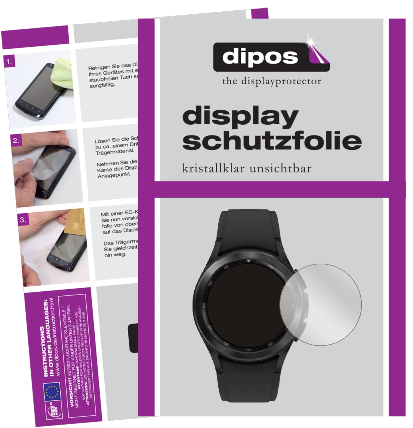 Klare Displayschutzfolie von dipos passend für Samsung Galaxy Watch 4 (40 mm), präziser Zuschnitt und blasenfrei montiert