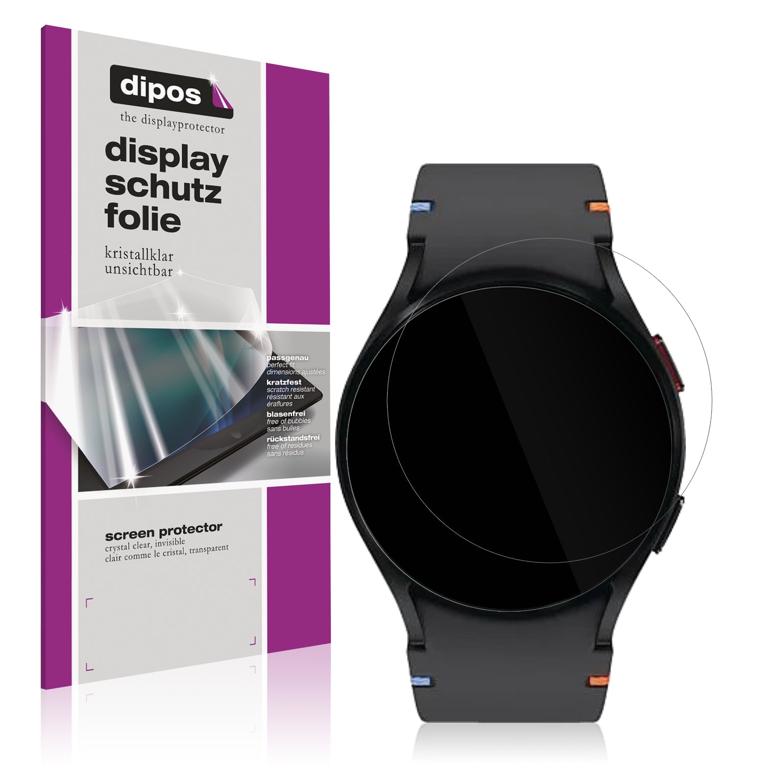 Klare Displayschutzfolie von dipos passend für Samsung Galaxy Watch FE 40mm, präziser Zuschnitt und blasenfrei montiert