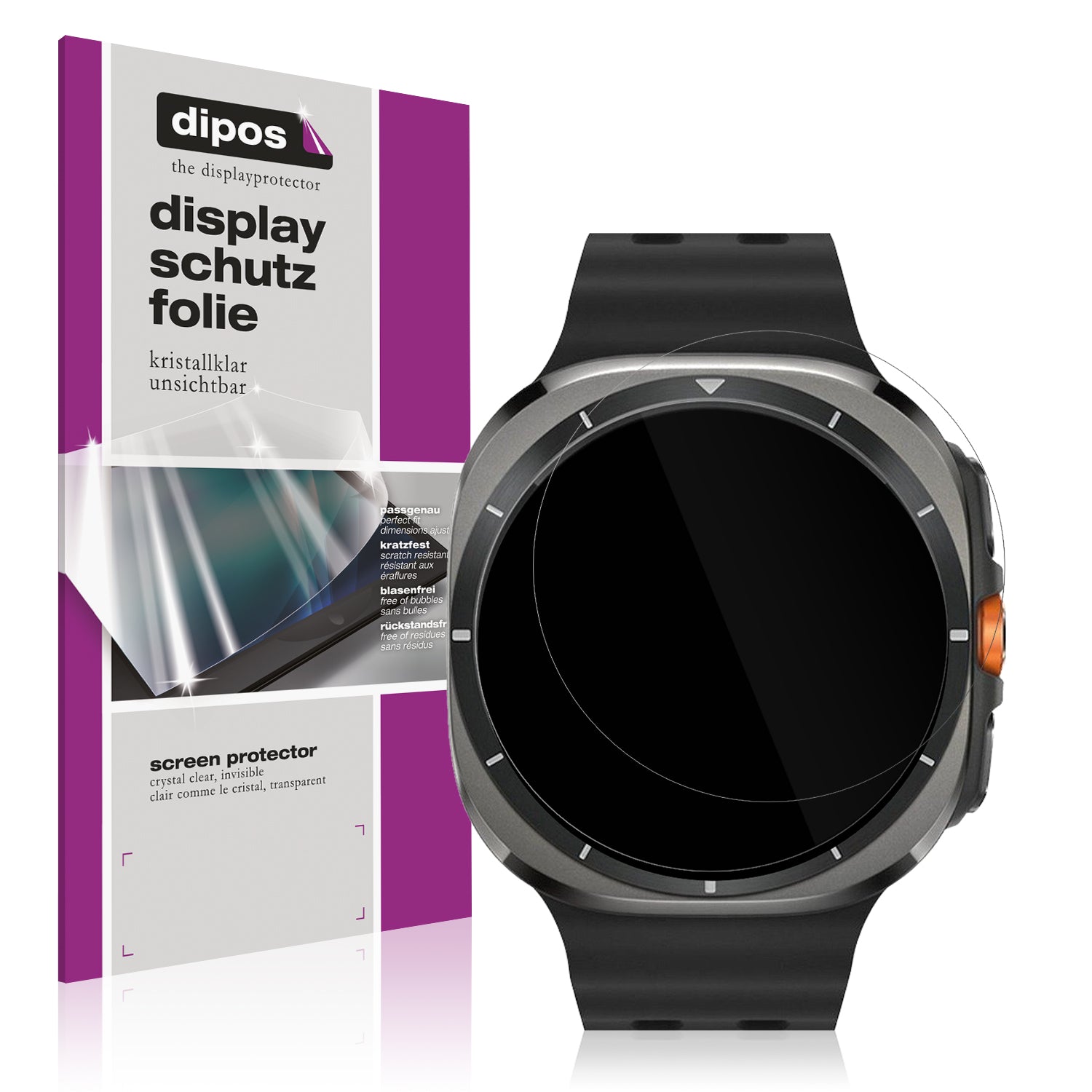 Klare Displayschutzfolie von dipos passend für Samsung Galaxy Watch Ultra, präziser Zuschnitt und blasenfrei montiert