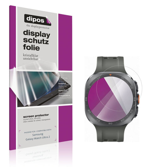Klare Displayschutzfolie von dipos passend für Samsung Galaxy Watch Ultra 2, präziser Zuschnitt und blasenfrei montiert