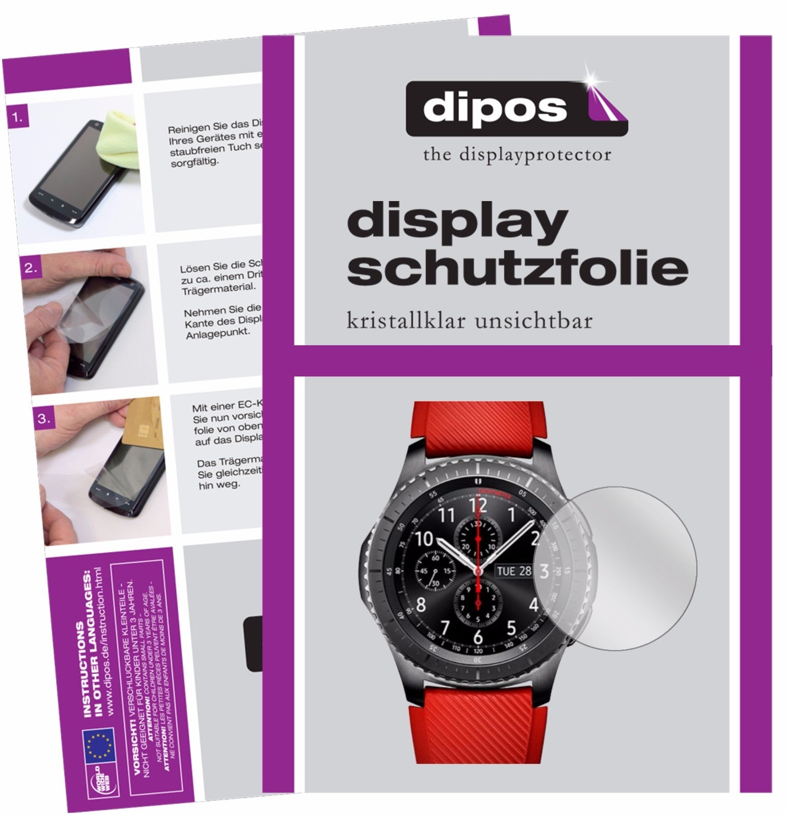 Klare Displayschutzfolie von dipos passend für Samsung Gear S3, präziser Zuschnitt und blasenfrei montiert