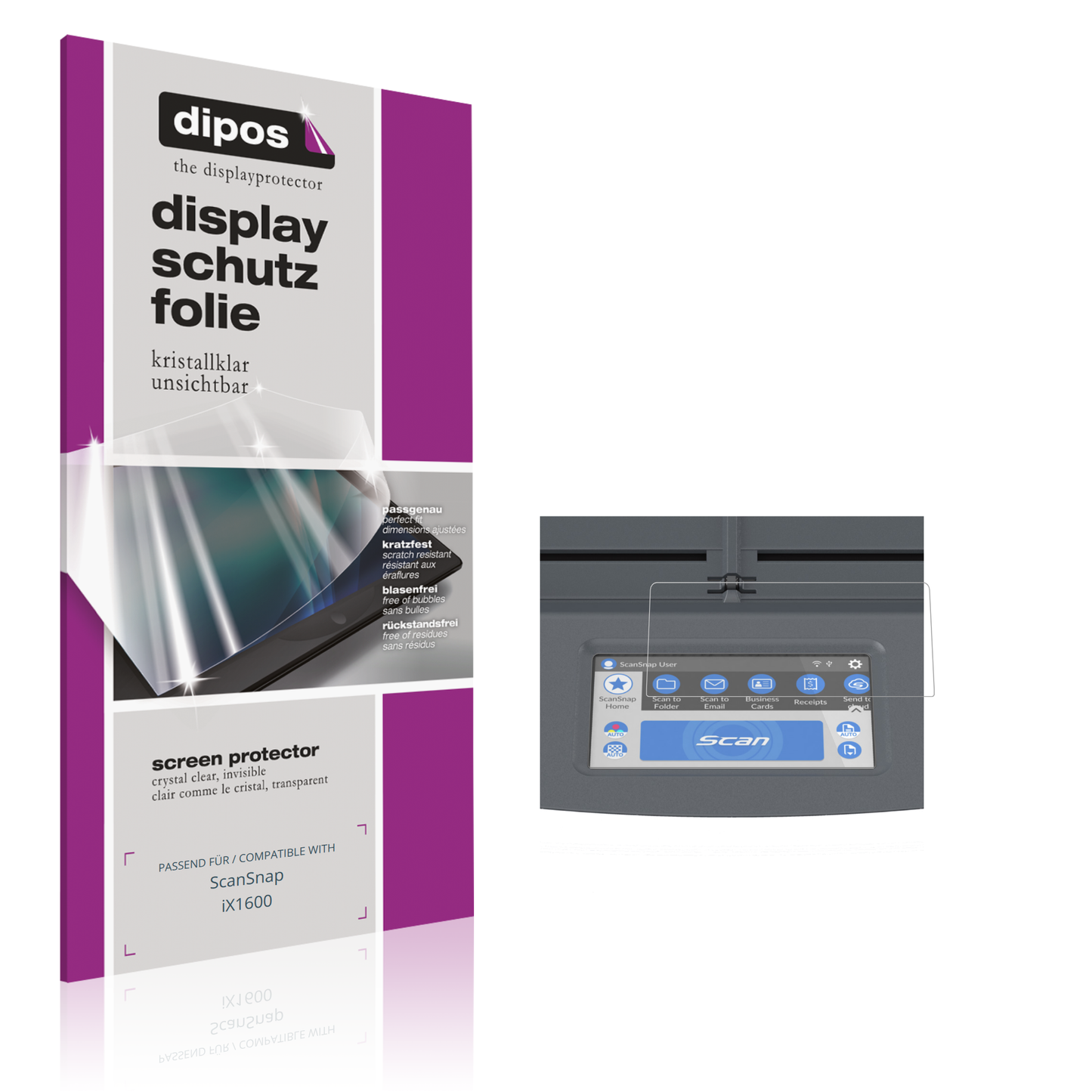 Klare Displayschutzfolie von dipos passend für ScanSnap iX1600, präziser Zuschnitt und blasenfrei montiert
