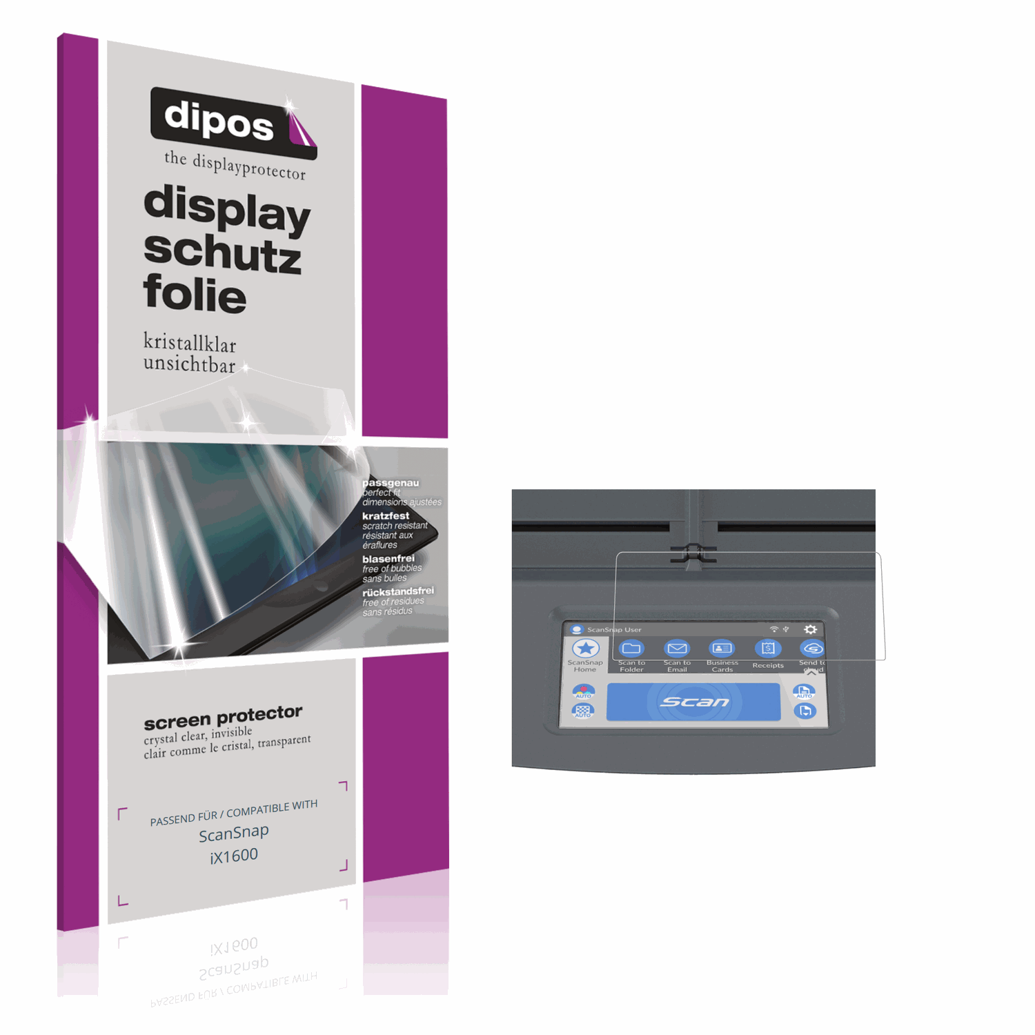 Klare Displayschutzfolie von dipos passend für ScanSnap iX1600, präziser Zuschnitt und blasenfrei montiert