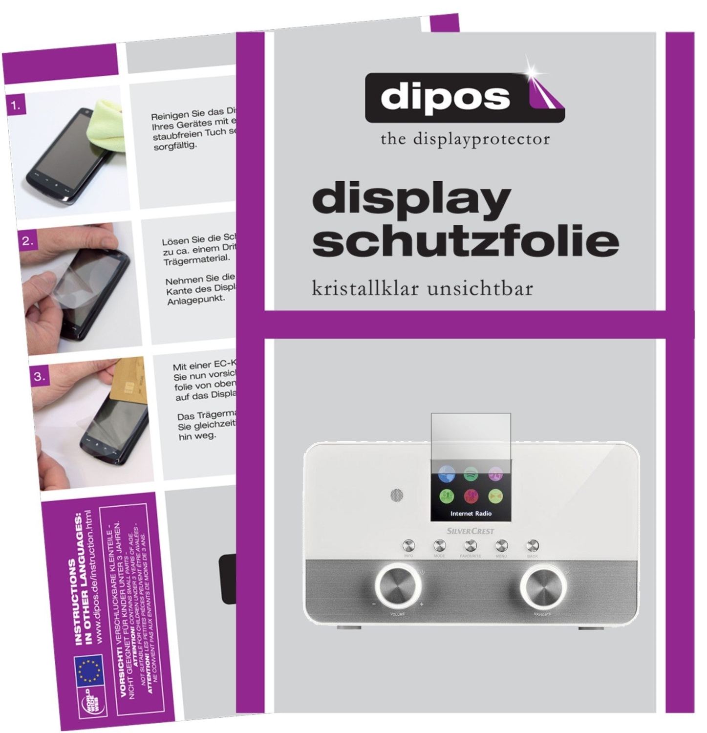 Klare Displayschutzfolie von dipos passend für Silvercrest 4 in 1 Stereo Internet Radio, präziser Zuschnitt und blasenfrei montiert